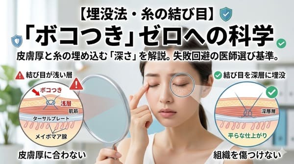 【埋没法 糸の結び目】ボコつきが目立つ原因は？皮膚厚と糸の深さ